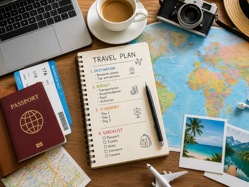 Travel planning guide with itinerary passport map and vacation budget preparation