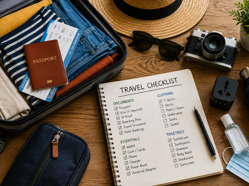 Travel checklist with passport luggage documents packing essentials and travel accessories