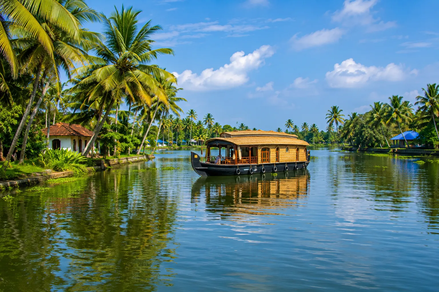 Scenic Alleppey backwaters with coconut trees in Kerala