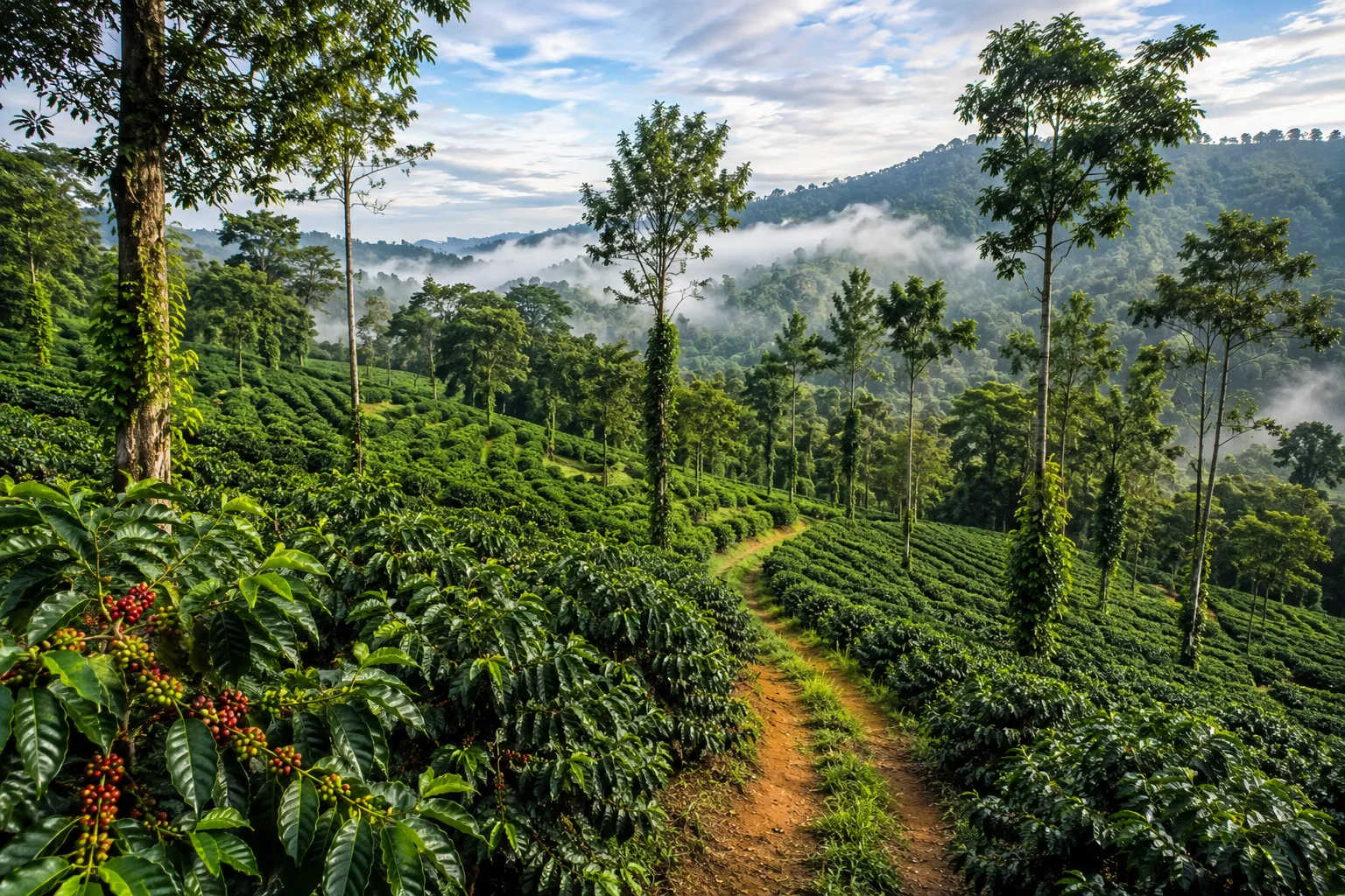Scenic coffee plantation and lush hills in Coorg Karnataka