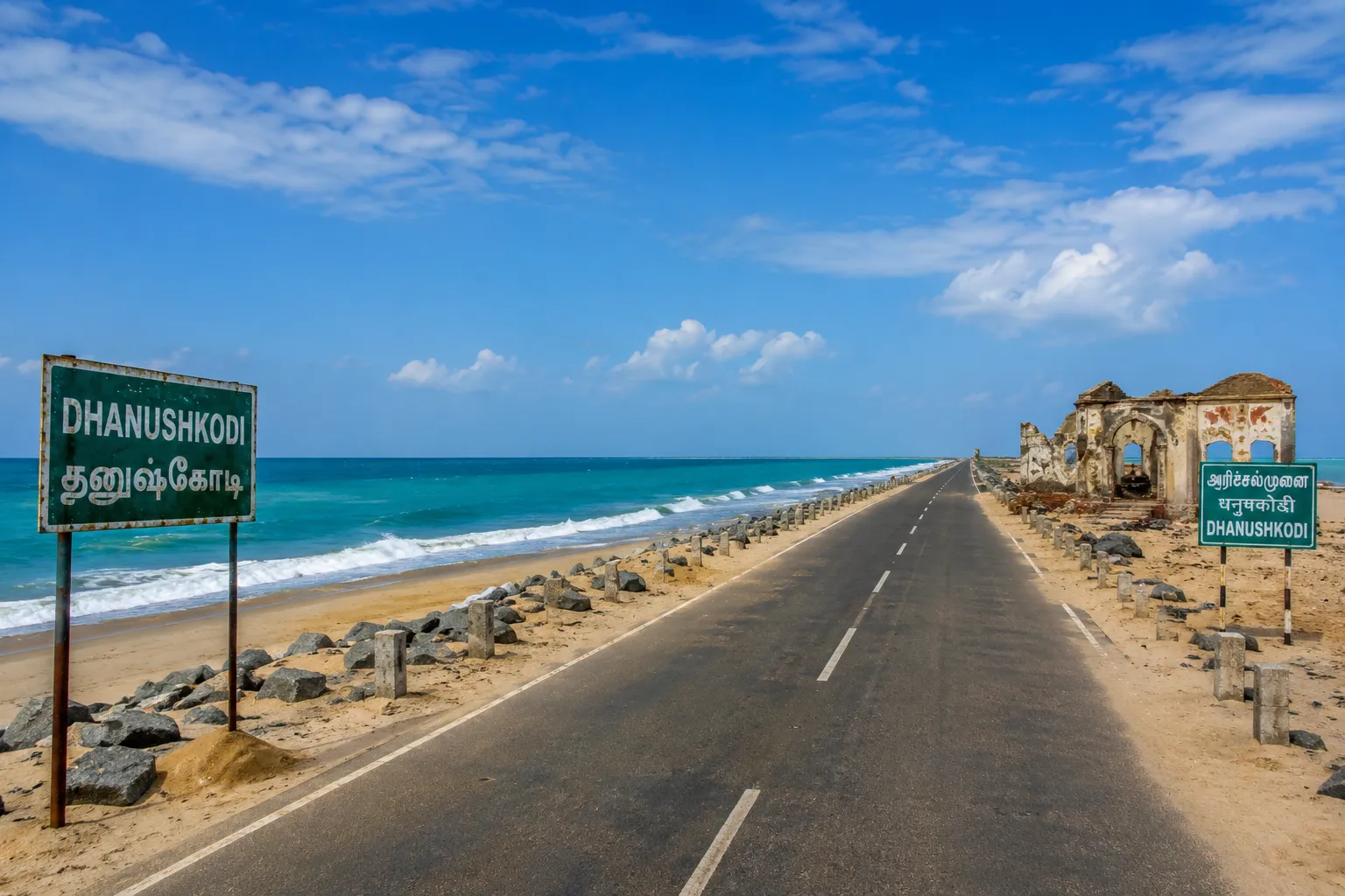 Dhanushkodi Beach and scenic coastal road in Tamil Nadu