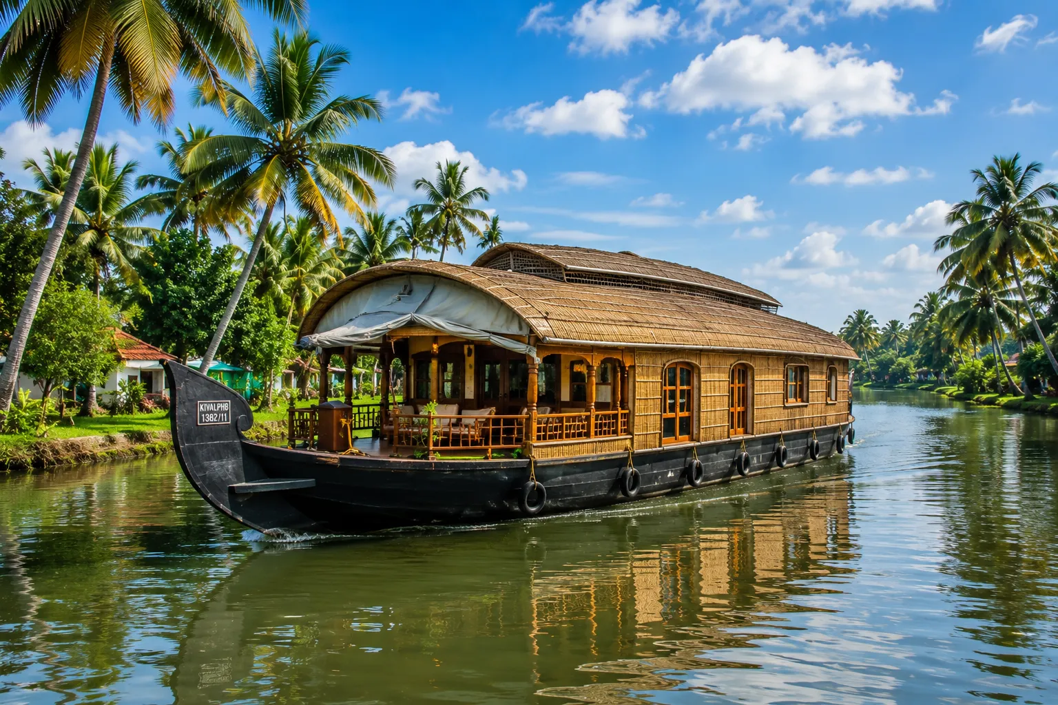 Traditional Kerala houseboat cruising through Alleppey backwaters