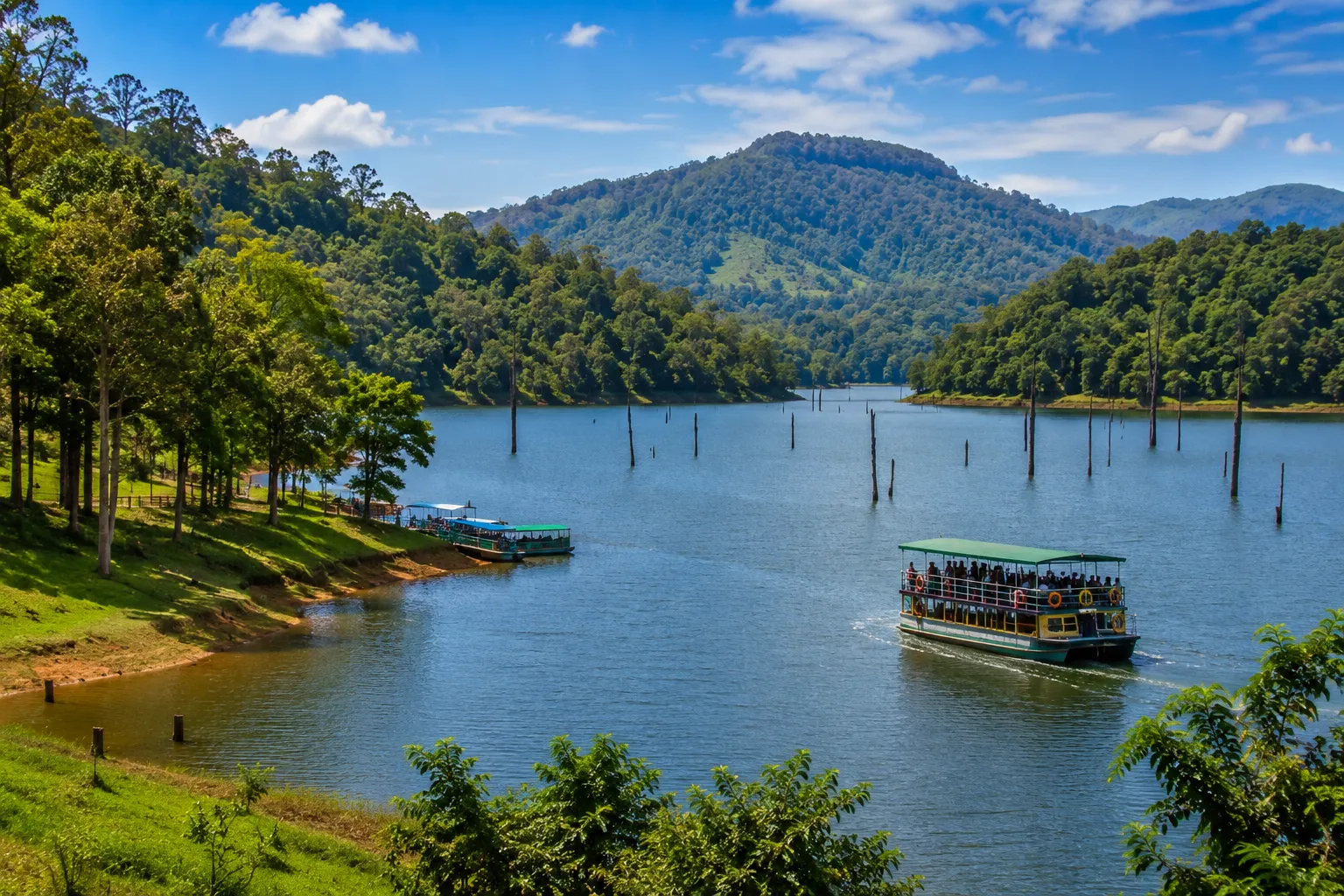 Periyar Lake in Thekkady Kerala surrounded by lush forests
