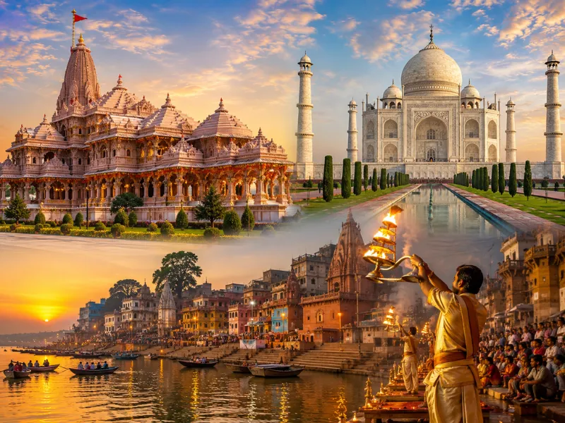 Uttar Pradesh tour package featuring Ayodhya Ram Mandir Taj Mahal Agra and Varanasi Ganga Ghats