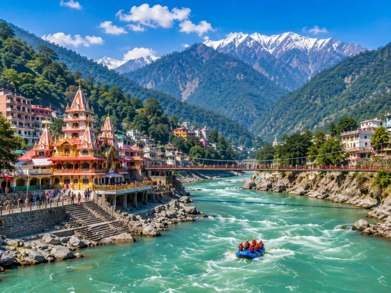 Uttarakhand tour package featuring Rishikesh Ganga river Himalayan mountains temples and adventure activities