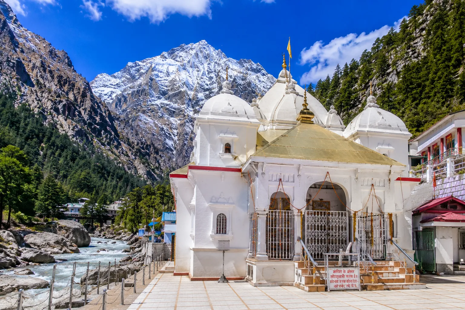 Gangotri Temple on the banks of the Bhagirathi River in Uttarakhand, India
