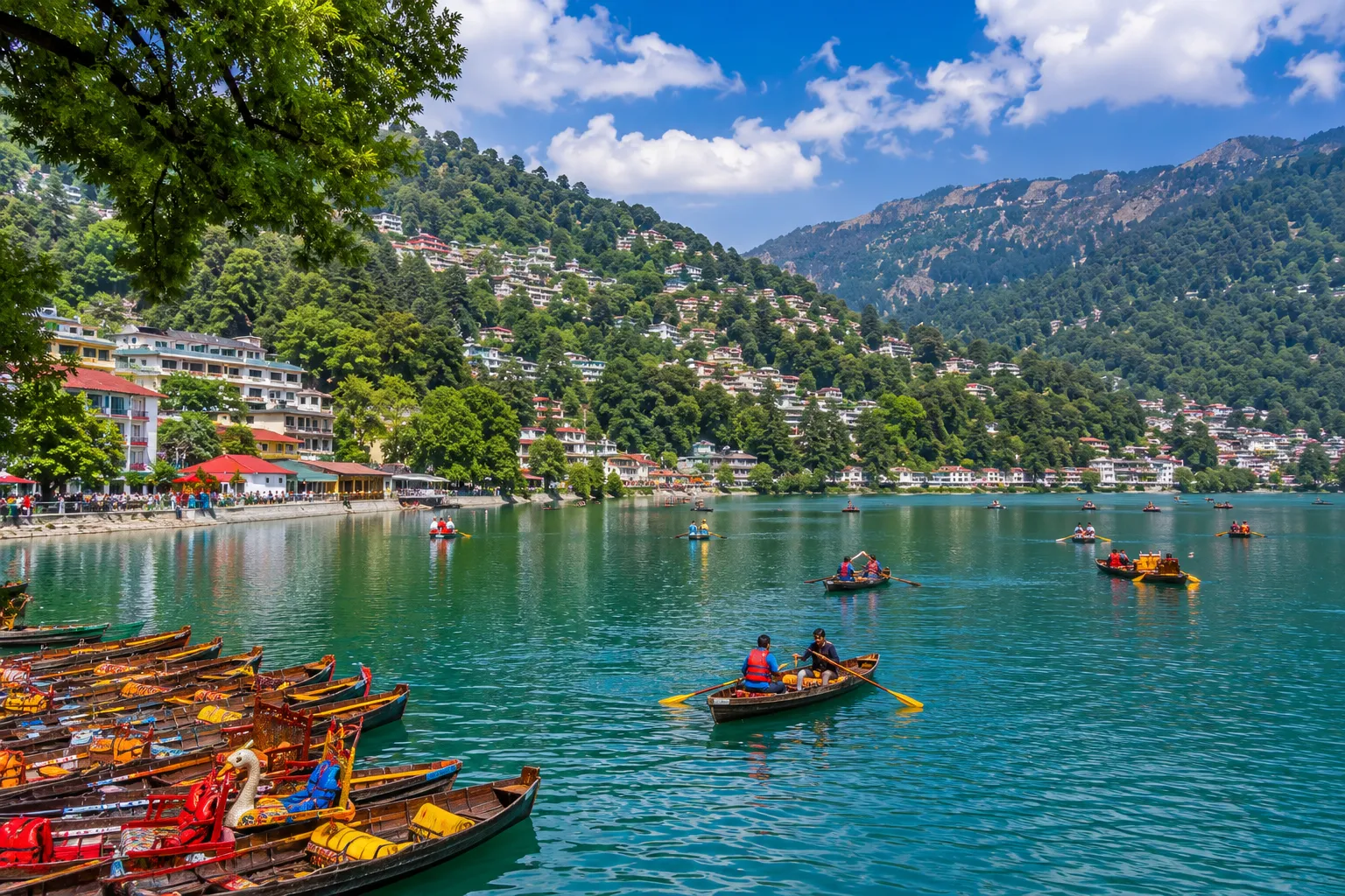 Nainital Lake surrounded by hills in Uttarakhand, India