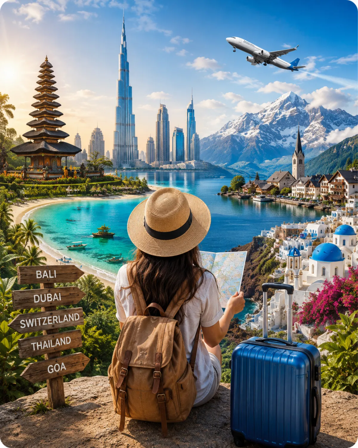 Traveler exploring top domestic and international holiday destinations including Bali Dubai Switzerland Thailand and Goa