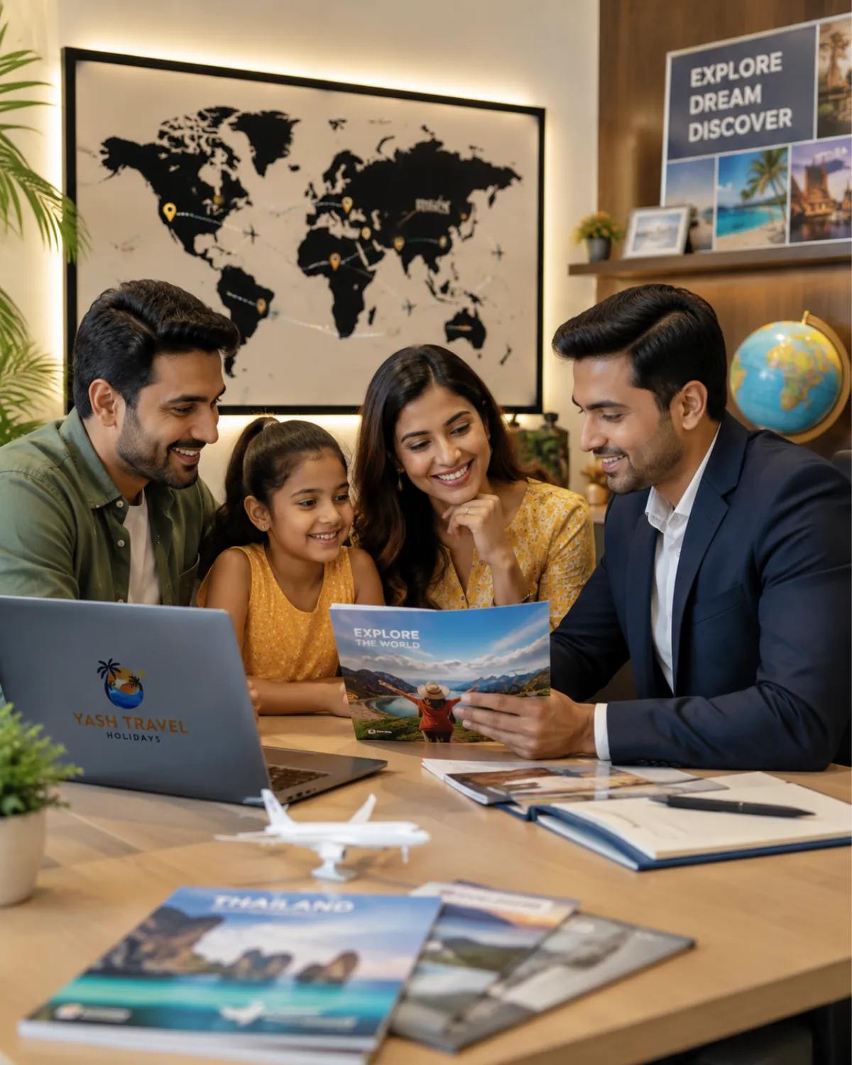 Travel consultant helping a family plan domestic and international holiday packages