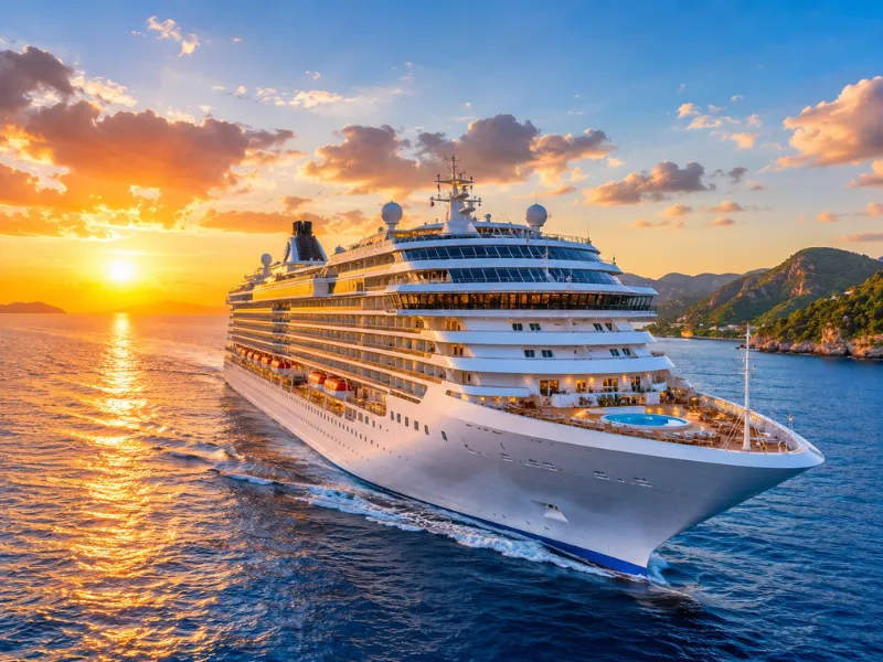 Luxury cruise holiday package featuring ocean cruise ship sunset views and premium vacation experience