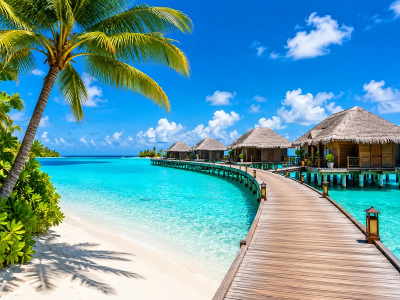 Maldives tour package featuring luxury water villas turquoise lagoon white sand beaches and tropical island resorts