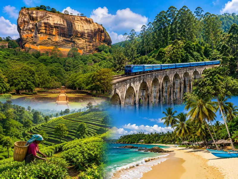 Sri Lanka tour package featuring Sigiriya Lion Rock Nine Arch Bridge Ella tea plantations and tropical beaches