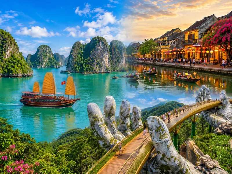 Vietnam tour package featuring Ha Long Bay Golden Bridge Da Nang and scenic island landscapes